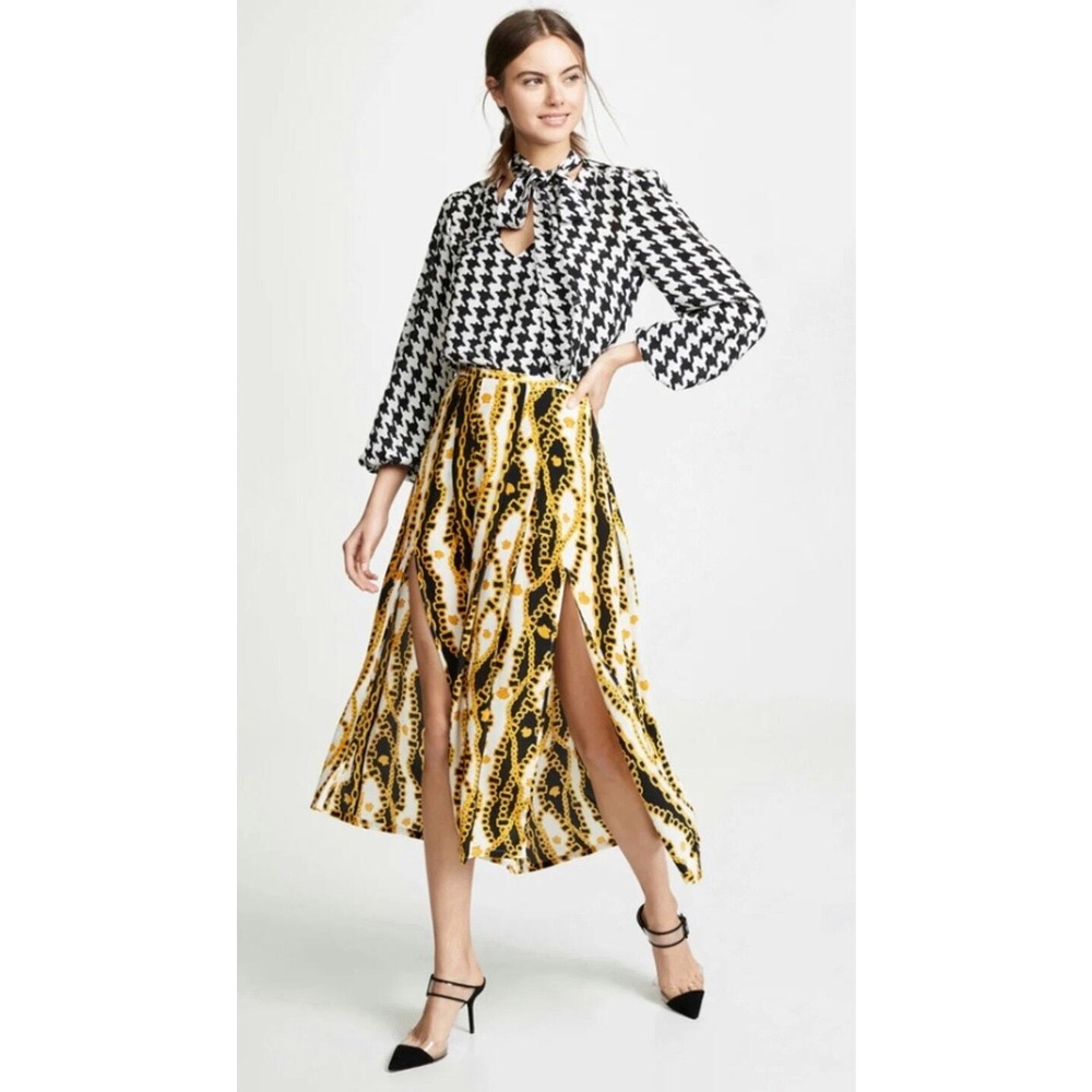 Rixo Silk Skirt Womens XS Gold Black Chain Print Midi Front Slits Luxury Glam